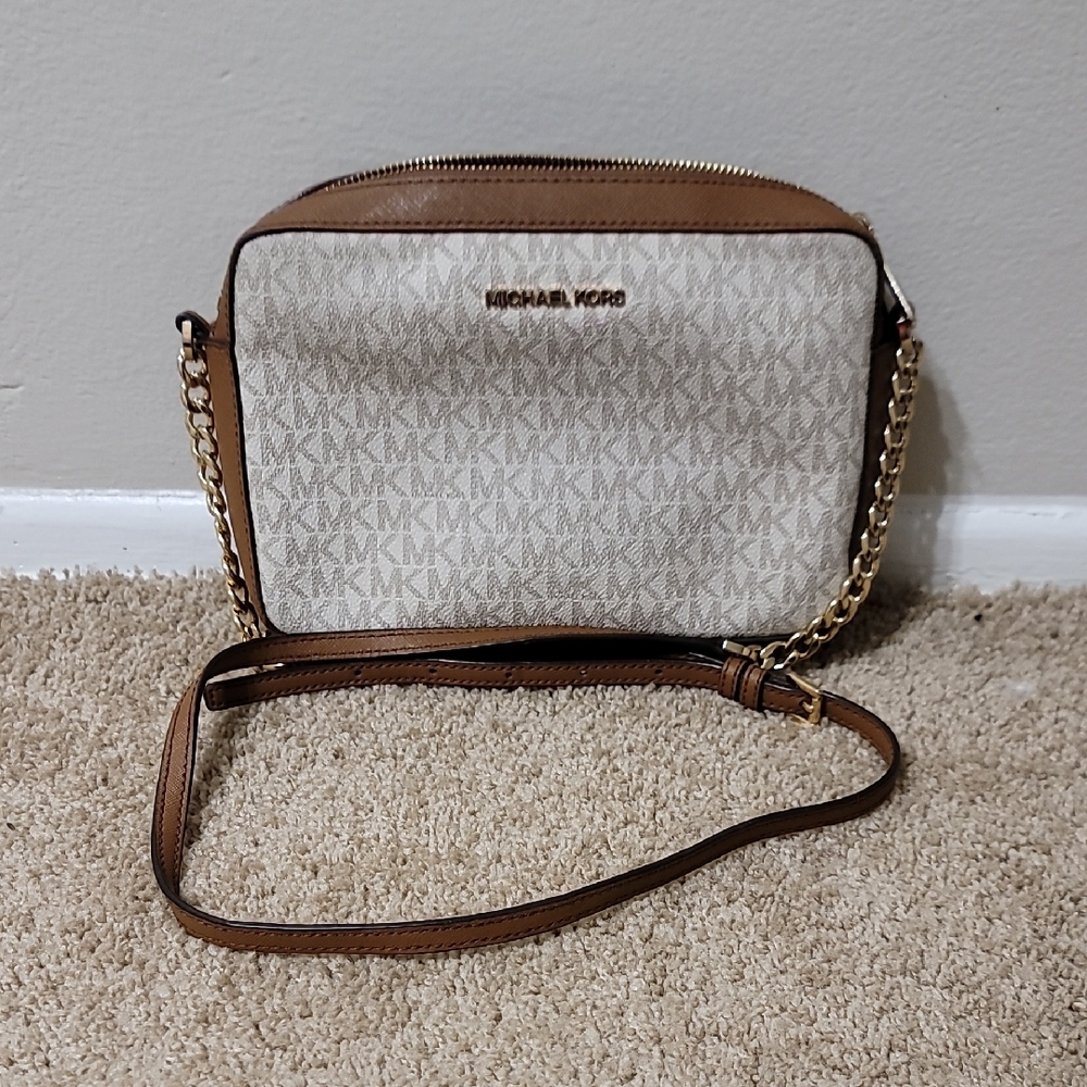 Michael Kors Cream and Brown Crossbody Bag with Monogram Print